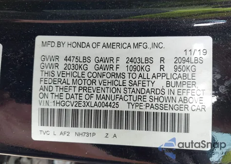 2020 Honda Accord Sport 2.0T from USA, damaged, VIN 1HGCV2E3XLA004425